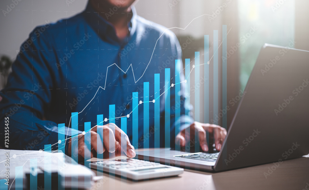 chart, finance, investment, market, stock, analysis, financial, graph, growth, management. businessman typing keyboard to analyze and calculate profitability of working companies with bar graph HUD.